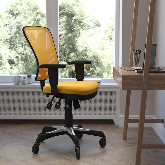 Alt view image 12 of 20 - Nicholas Mid-Back Yellow-Orange Mesh Multifunction Executive Swivel Ergonomic Office Chair with Adjustable Arms and Transparent Roller Wheels