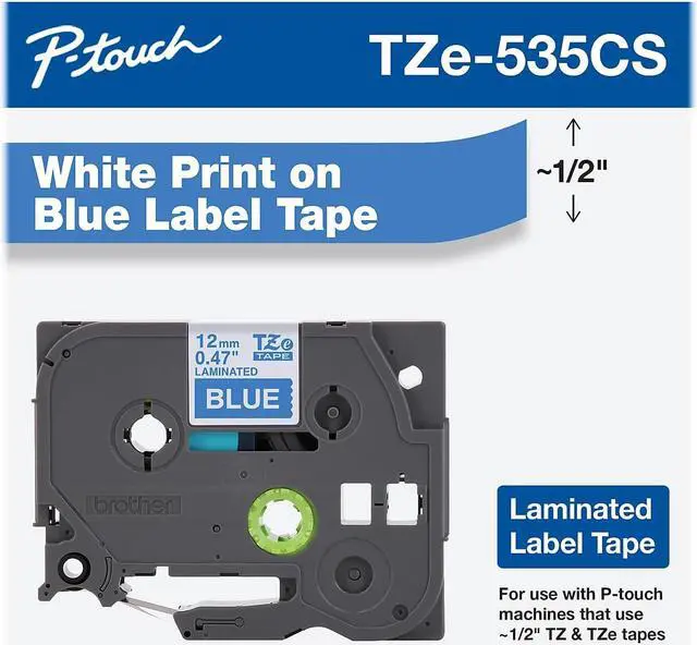 Alt view image 2 of 6 - Brother P-touch TZe-535CS Laminated Label Maker Tape 1/2" x 26-2/10' White on Blue (TZe-535CS) TZE535CS