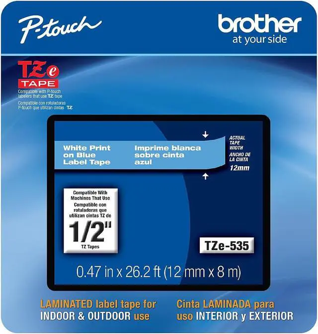 Main image of Brother P-touch TZe-535CS Laminated Label Maker Tape 1/2" x 26-2/10' White on Blue (TZe-535CS) TZE535CS