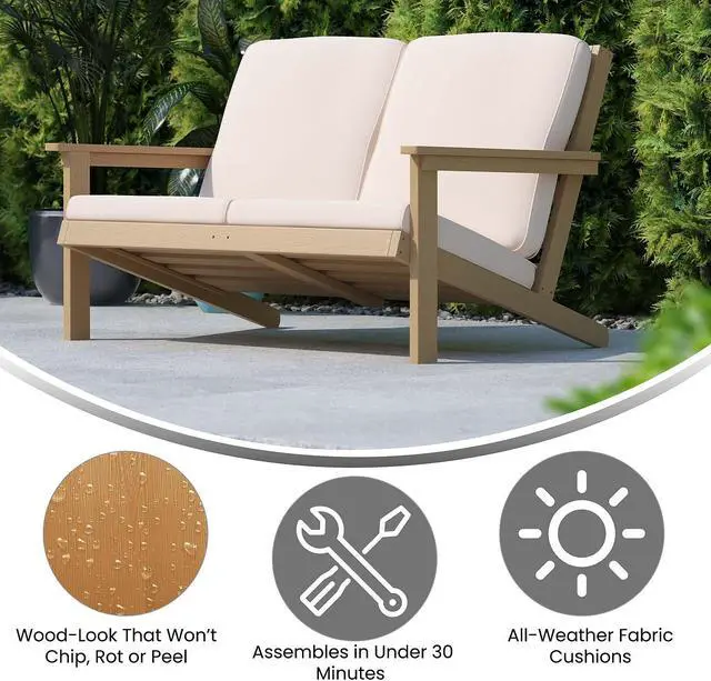 Alt view image 9 of 20 - Charlestown All-Weather Poly Resin Wood Adirondack Style Deep Seat Patio Loveseat with Cushions, Natural Cedar/Cream