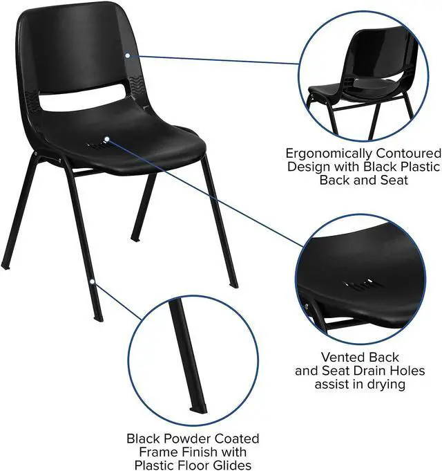 Alt view image 7 of 14 - 5 Pk. HERCULES Series 661 lb. Capacity Black Ergonomic Shell Stack Chair with Black Frame and 16'' Seat Height