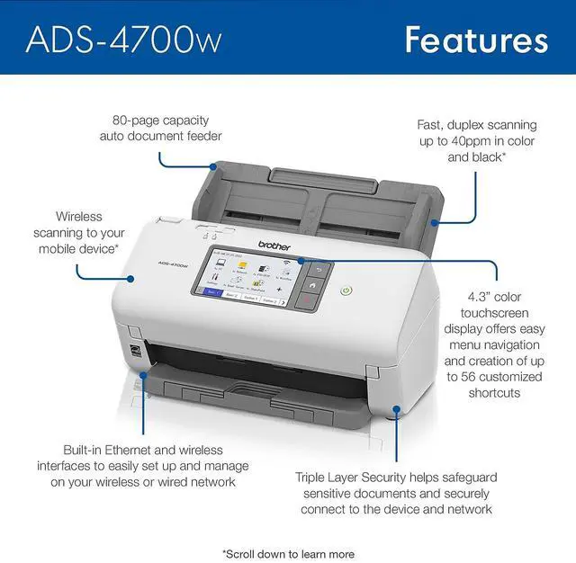 Alt view image 3 of 10 - Brother ADS4700W 24 bit Dual CIS 600 x 600 dpi Sheet Fed Professional Desktop Scanner