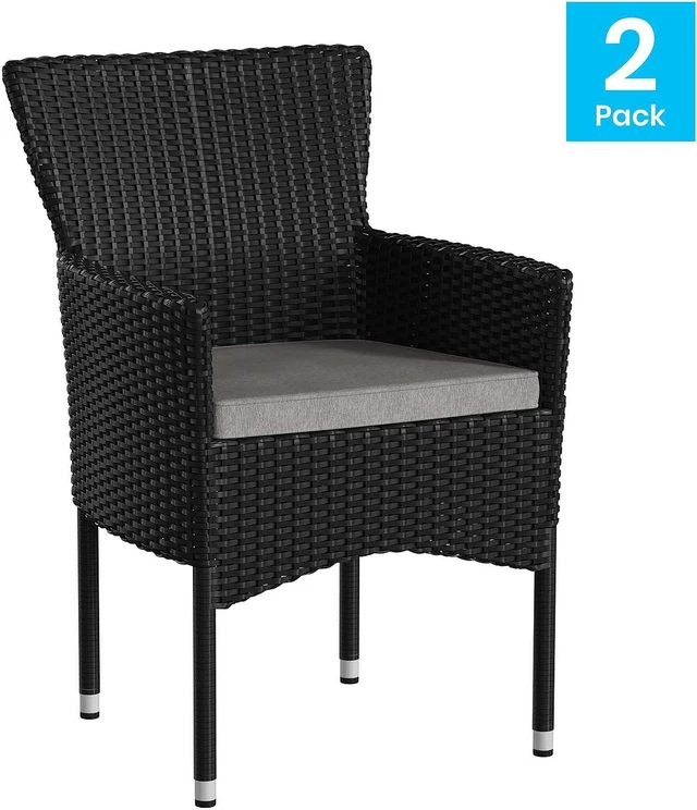 Alt view image 8 of 13 - Maxim Modern Black Wicker Patio Armchairs for Deck or Backyard, Fade and Weather-Resistant Frames and Gray Cushions-Set of 2