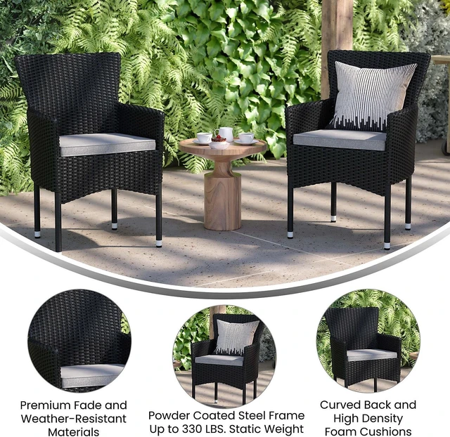Alt view image 10 of 13 - Maxim Modern Black Wicker Patio Armchairs for Deck or Backyard, Fade and Weather-Resistant Frames and Gray Cushions-Set of 2
