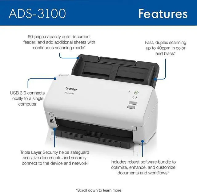 Alt view image 3 of 10 - Brother ADS3100 24 bit 600 x 600 dpi Sheet Fed High-Speed Desktop Scanner for Small Office & Home Office Professionals
