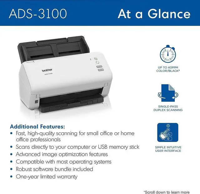 Alt view image 4 of 10 - Brother ADS3100 24 bit 600 x 600 dpi Sheet Fed High-Speed Desktop Scanner for Small Office & Home Office Professionals