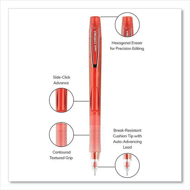 Alt view image 14 of 18 - Uni-ball Chroma Mechanical Pencil, 0.7 mm, HB (#2), Black Lead, Red Barrel, Dozen