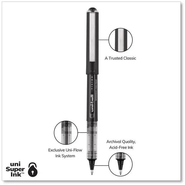 Alt view image 6 of 17 - Uni-ball VISION Roller Ball Pen, Bold 1 mm, Black Ink, Black Barrel, Dozen