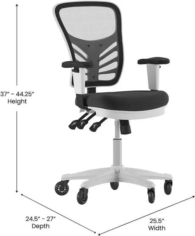 Alt view image 10 of 20 - Nicholas Mid-Back Black Mesh Multifunction Executive Ergonomic Office Chair with Adjustable Arms, Transparent Roller Wheels, and White Frame
