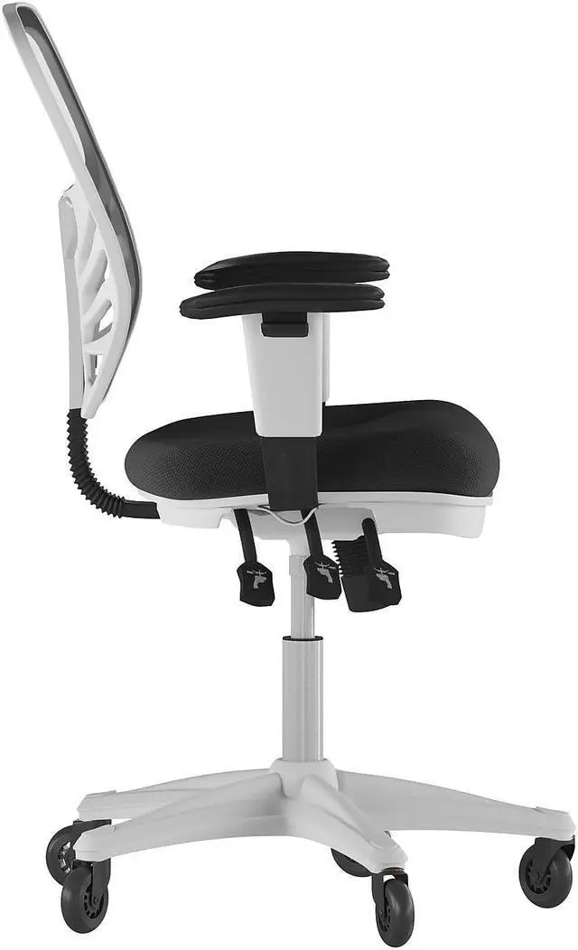 Alt view image 11 of 20 - Nicholas Mid-Back Black Mesh Multifunction Executive Ergonomic Office Chair with Adjustable Arms, Transparent Roller Wheels, and White Frame