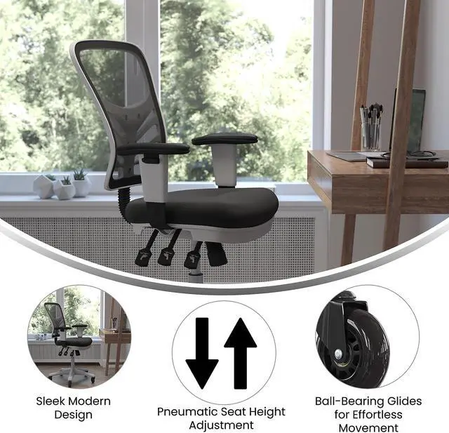 Alt view image 9 of 20 - Nicholas Mid-Back Black Mesh Multifunction Executive Ergonomic Office Chair with Adjustable Arms, Transparent Roller Wheels, and White Frame
