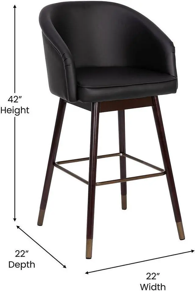 Alt view image 11 of 20 - Margo 30" Commercial Grade Mid-Back Modern Barstool with Walnut Finish Beechwood Legs and Curved Back, Black LeatherSoft/Bronze Accents-Set of 2