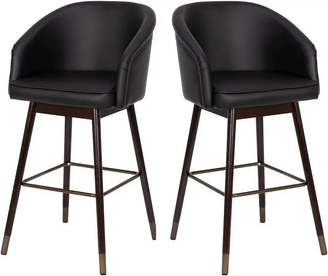 Alt view image 8 of 20 - Margo 30" Commercial Grade Mid-Back Modern Barstool with Walnut Finish Beechwood Legs and Curved Back, Black LeatherSoft/Bronze Accents-Set of 2
