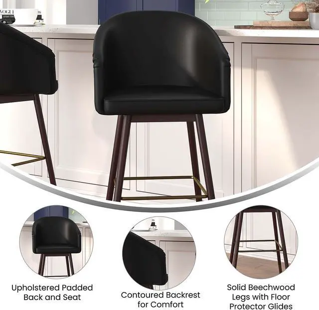 Alt view image 10 of 20 - Margo 30" Commercial Grade Mid-Back Modern Barstool with Walnut Finish Beechwood Legs and Curved Back, Black LeatherSoft/Bronze Accents-Set of 2