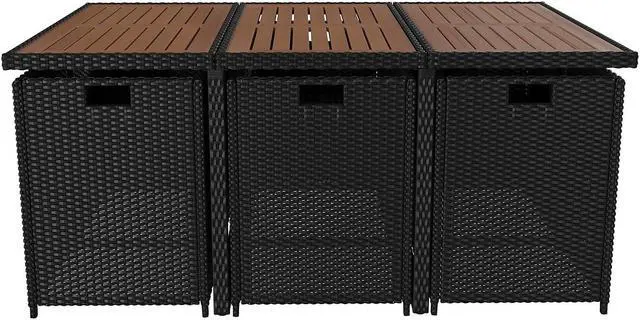 Alt view image 12 of 12 - Peregrine 7 Piece Outdoor Patio Dining Set, Space Saving Black Wicker Modular Chairs-Cream Cushions & Natural Acacia Wood Table Top