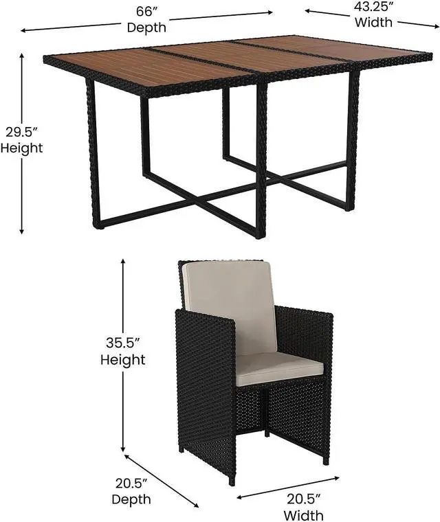 Alt view image 9 of 12 - Peregrine 7 Piece Outdoor Patio Dining Set, Space Saving Black Wicker Modular Chairs-Cream Cushions & Natural Acacia Wood Table Top