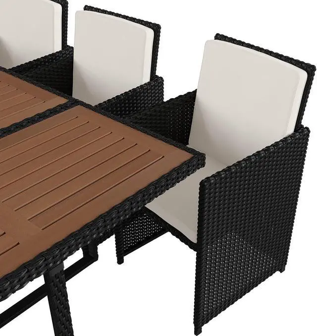 Alt view image 10 of 12 - Peregrine 7 Piece Outdoor Patio Dining Set, Space Saving Black Wicker Modular Chairs-Cream Cushions & Natural Acacia Wood Table Top
