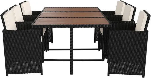 Alt view image 11 of 12 - Peregrine 7 Piece Outdoor Patio Dining Set, Space Saving Black Wicker Modular Chairs-Cream Cushions & Natural Acacia Wood Table Top