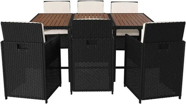 Alt view image 6 of 12 - Peregrine 7 Piece Outdoor Patio Dining Set, Space Saving Black Wicker Modular Chairs-Cream Cushions & Natural Acacia Wood Table Top