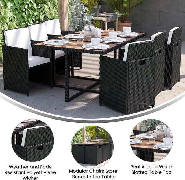 Alt view image 8 of 12 - Peregrine 7 Piece Outdoor Patio Dining Set, Space Saving Black Wicker Modular Chairs-Cream Cushions & Natural Acacia Wood Table Top