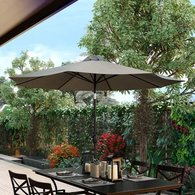 Alt view image 7 of 12 - Gray 9 FT Round Umbrella with 1.5" Diameter Aluminum Pole with Crank and Tilt Function