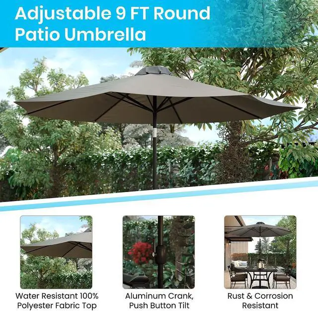 Alt view image 10 of 12 - Gray 9 FT Round Umbrella with 1.5" Diameter Aluminum Pole with Crank and Tilt Function