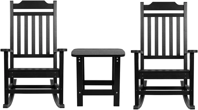 Alt view image 7 of 20 - Set of 2 Winston All-Weather Poly Resin Rocking Chairs with Accent Side Table in Black