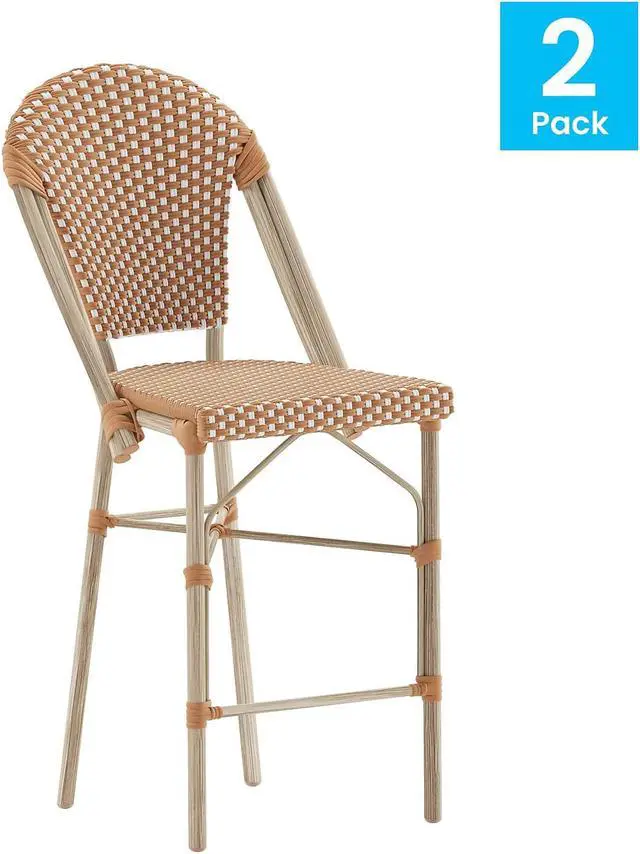 Alt view image 8 of 13 - Lourdes Set of 2 Stackable Indoor/Outdoor French Bistro 26" High Counter Height Stools, Commercial Grade, Natural/White and Light Natural Finish