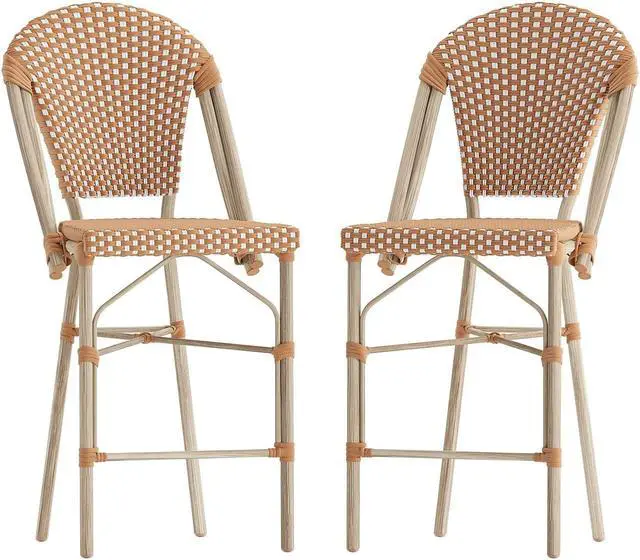 Alt view image 7 of 13 - Lourdes Set of 2 Stackable Indoor/Outdoor French Bistro 26" High Counter Height Stools, Commercial Grade, Natural/White and Light Natural Finish