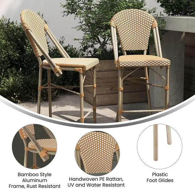 Alt view image 10 of 13 - Lourdes Set of 2 Stackable Indoor/Outdoor French Bistro 26" High Counter Height Stools, Commercial Grade, Natural/White and Light Natural Finish