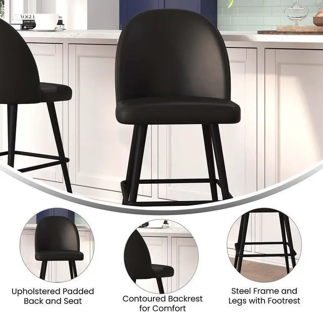 Alt view image 4 of 20 - Lyla 30" Commercial Grade High Back Modern Armless Barstools with Contoured Backrest, Steel Frame and Integrated Footrest, Black LeatherSoft-Set of 2