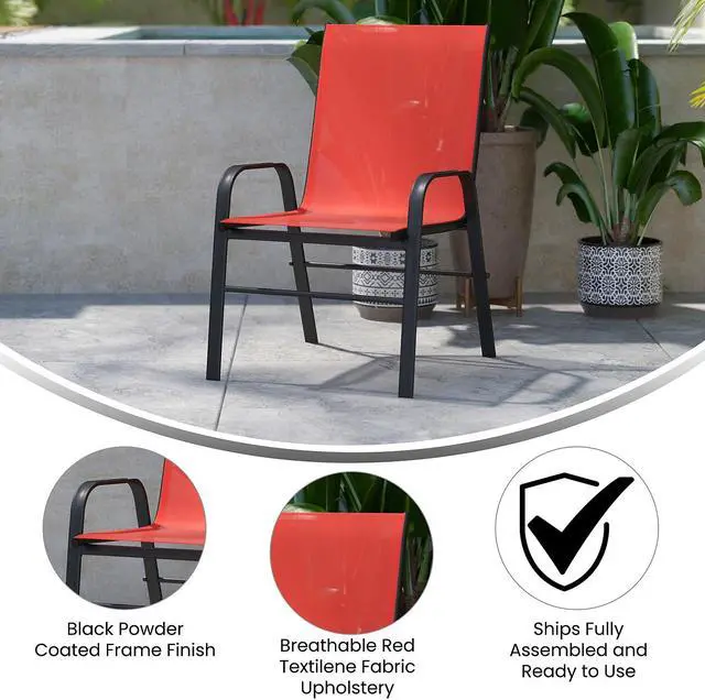 Alt view image 10 of 20 - 4 Pack Brazos Series Black Outdoor Stack Chair with Flex Comfort Material and Metal Frame