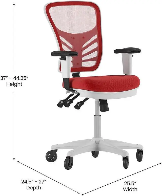 Alt view image 10 of 20 - Nicholas Mid-Back Red Mesh Multifunction Executive Ergonomic Office Chair with Adjustable Arms, Transparent Roller Wheels, and White Frame