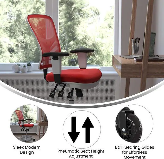 Alt view image 9 of 20 - Nicholas Mid-Back Red Mesh Multifunction Executive Ergonomic Office Chair with Adjustable Arms, Transparent Roller Wheels, and White Frame
