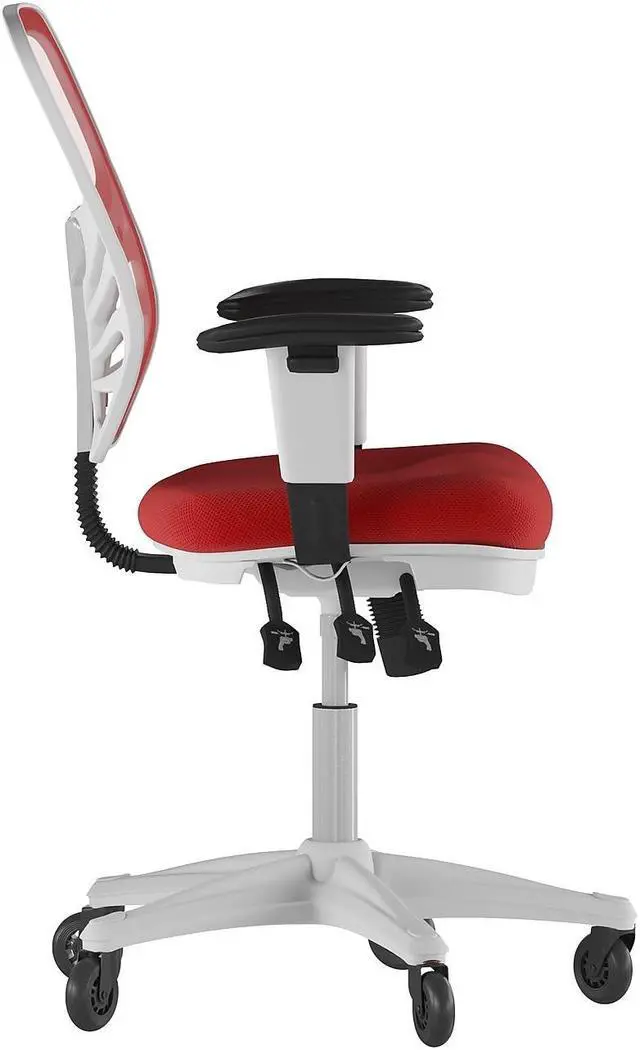 Alt view image 11 of 20 - Nicholas Mid-Back Red Mesh Multifunction Executive Ergonomic Office Chair with Adjustable Arms, Transparent Roller Wheels, and White Frame