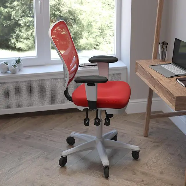 Alt view image 13 of 20 - Nicholas Mid-Back Red Mesh Multifunction Executive Ergonomic Office Chair with Adjustable Arms, Transparent Roller Wheels, and White Frame