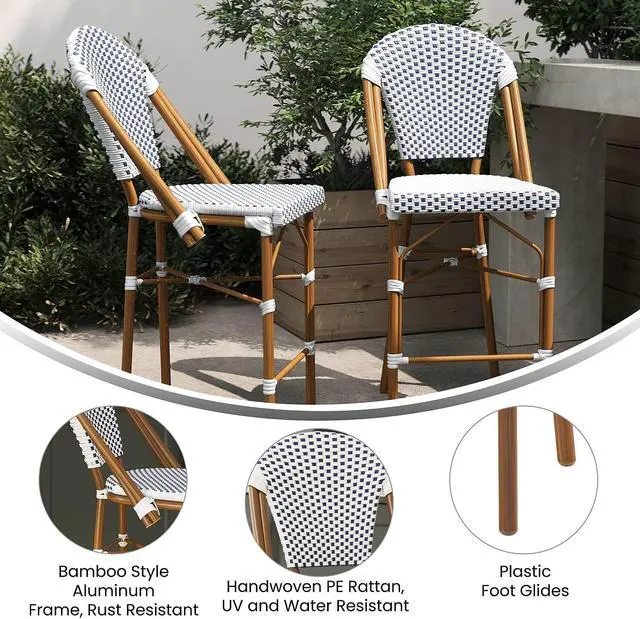 Alt view image 10 of 13 - Lourdes Set of 2 Stackable Indoor/Outdoor French Bistro 26" High Counter Height Stools, Commercial Grade, White/Navy and Bamboo Finish
