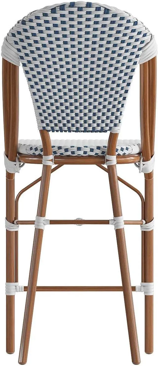 Alt view image 12 of 13 - Lourdes Set of 2 Stackable Indoor/Outdoor French Bistro 26" High Counter Height Stools, Commercial Grade, White/Navy and Bamboo Finish