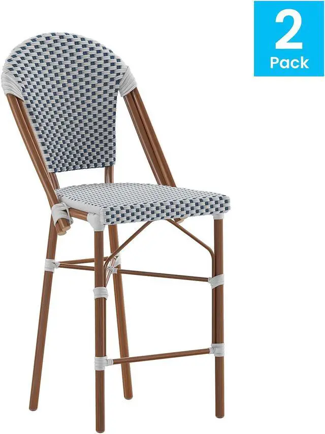 Alt view image 8 of 13 - Lourdes Set of 2 Stackable Indoor/Outdoor French Bistro 26" High Counter Height Stools, Commercial Grade, White/Navy and Bamboo Finish