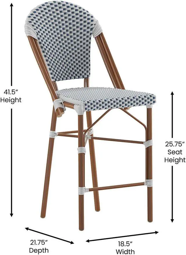 Alt view image 11 of 13 - Lourdes Set of 2 Stackable Indoor/Outdoor French Bistro 26" High Counter Height Stools, Commercial Grade, White/Navy and Bamboo Finish