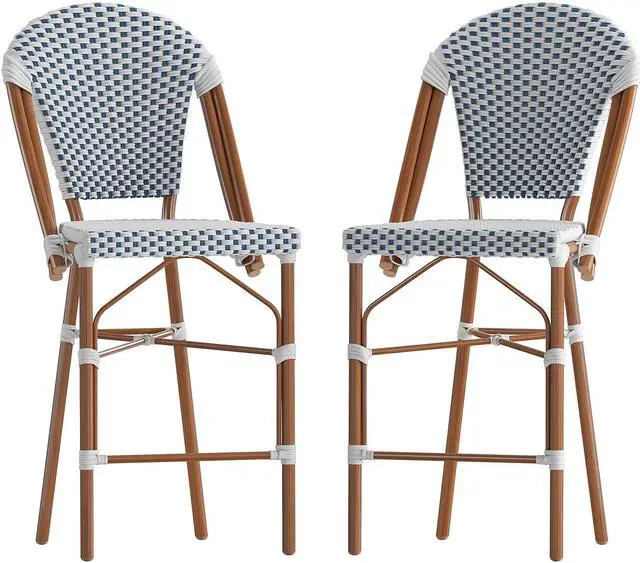 Alt view image 7 of 13 - Lourdes Set of 2 Stackable Indoor/Outdoor French Bistro 26" High Counter Height Stools, Commercial Grade, White/Navy and Bamboo Finish