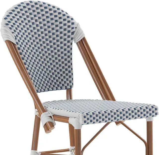 Alt view image 13 of 13 - Lourdes Set of 2 Stackable Indoor/Outdoor French Bistro 26" High Counter Height Stools, Commercial Grade, White/Navy and Bamboo Finish