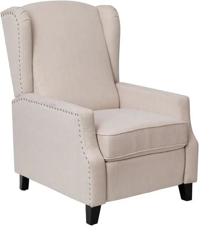 Alt view image 13 of 20 - Prescott Traditional Style Slim Push Back Recliner Chair-Wingback Recliner with Cream Fabric Upholstery-Accent Nail Trim