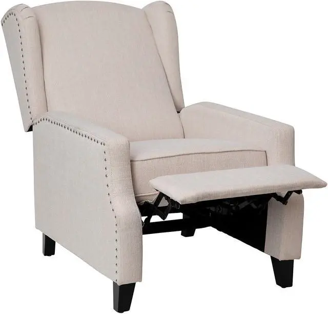 Alt view image 19 of 20 - Prescott Traditional Style Slim Push Back Recliner Chair-Wingback Recliner with Cream Fabric Upholstery-Accent Nail Trim