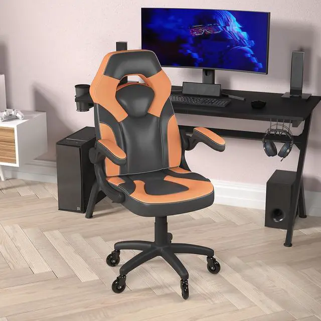 Alt view image 7 of 20 - Flash Furniture X10 Ergonomic LeatherSoft Swivel Gaming Chair with Transparent Roller Wheels Orange/Black (CH00095ORRLB)