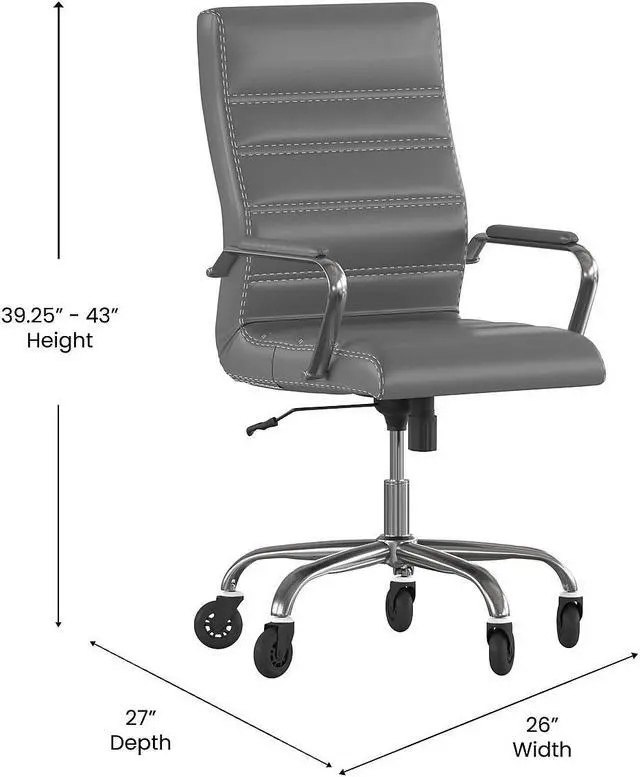 Alt view image 9 of 20 - Whitney High Back Gray LeatherSoft Executive Swivel Office Chair with Chrome Frame, Arms, and Transparent Roller Wheels