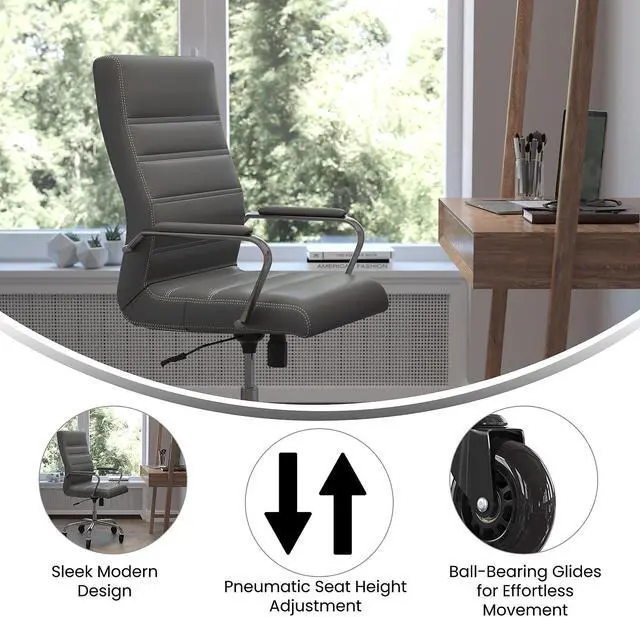 Alt view image 8 of 20 - Whitney High Back Gray LeatherSoft Executive Swivel Office Chair with Chrome Frame, Arms, and Transparent Roller Wheels