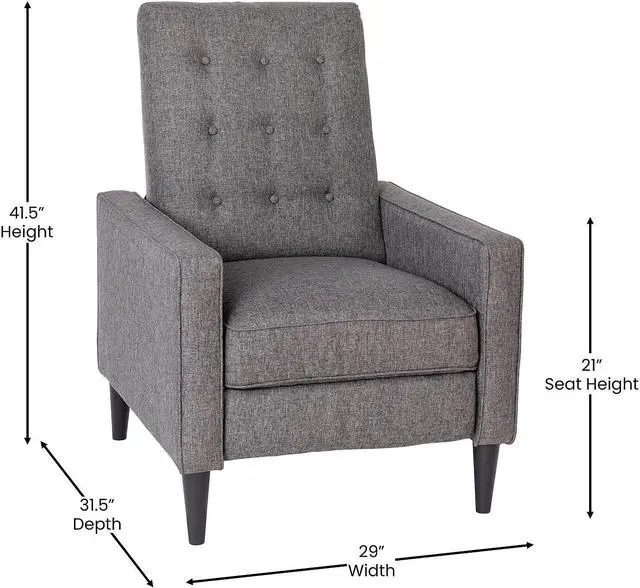 Alt view image 17 of 20 - Ezra Mid-Century Modern Fabric Upholstered Button Tufted Pushback Recliner in Gray for Residential & Commercial Use