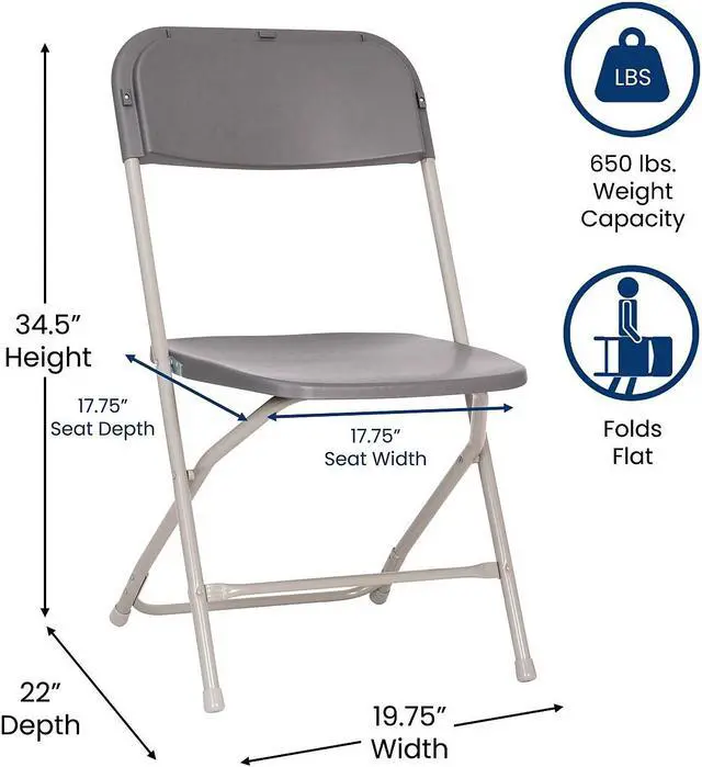 Alt view image 10 of 16 - Hercules Big and Tall Commercial Folding Chair - Extra Wide 650LB. Capacity - Durable Plastic - Gray, 4-Pack