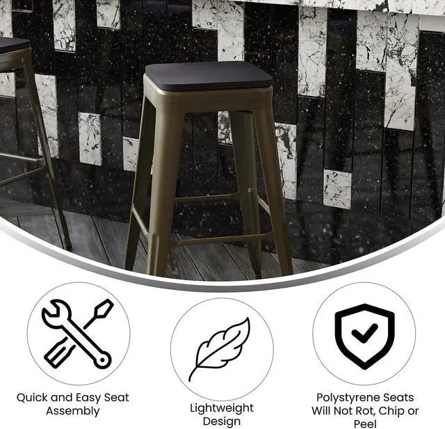 Alt view image 4 of 15 - Cierra Set of 4 Commercial Grade 30" High Backless Gunmetal Metal Indoor Bar Height Stools with Black All-Weather Poly Resin Seats